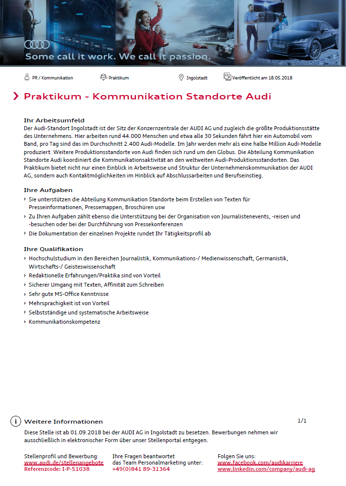 Audi AG: Praktikant (m/w) für den Bereich Kommunikation der Standorte