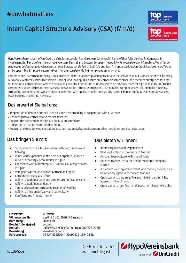 HypoVereinsbank: Intern Capital Structure Advisory (f/m/d)
