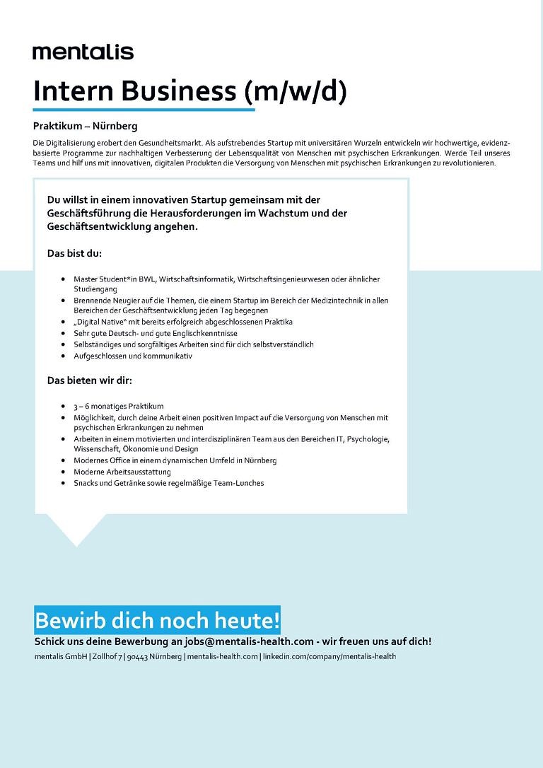 mentalis Intern Business (m/w/d) – Praktikumsausschreibung Nürnberg