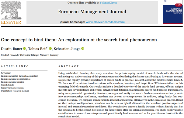New publication on the search fund phenomenon in the European Management Journal