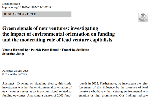 New publication on the influence of green signals on the financing success of start-ups in Small Business Economics