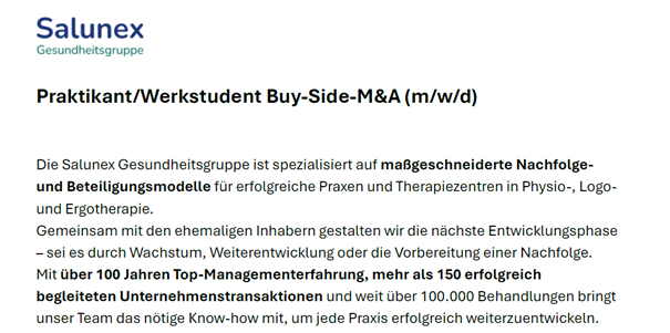 Job posting Salunex: Intern/working student (m/f/d) in the area of buy-side M&A